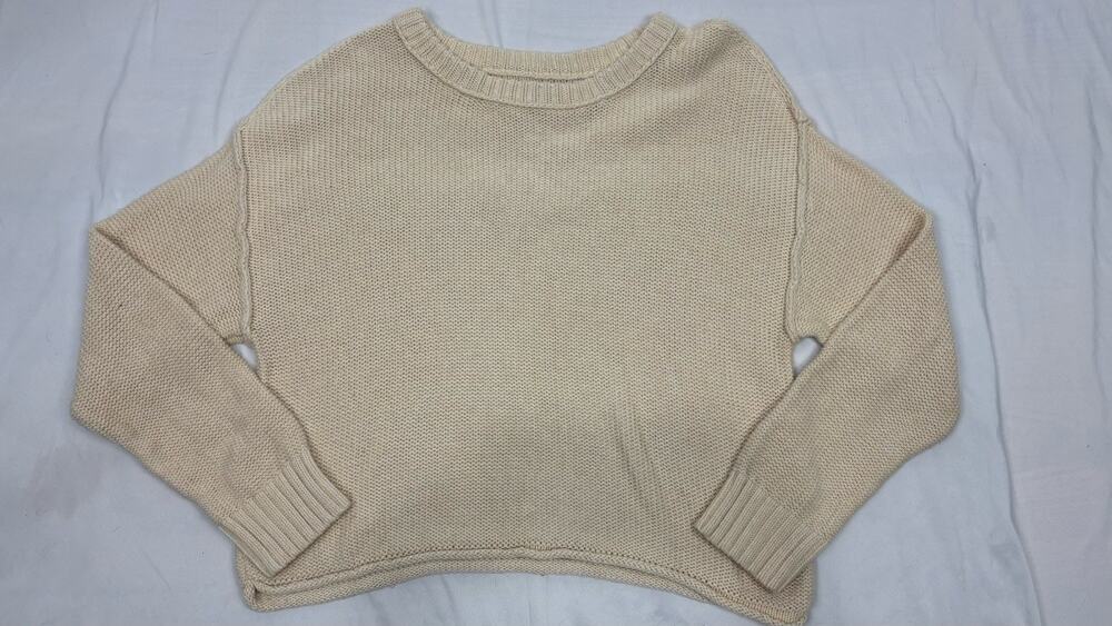 American Eagle Off White Crew Neck Cotton Drop Shoulder Sweater Sz M Oversized